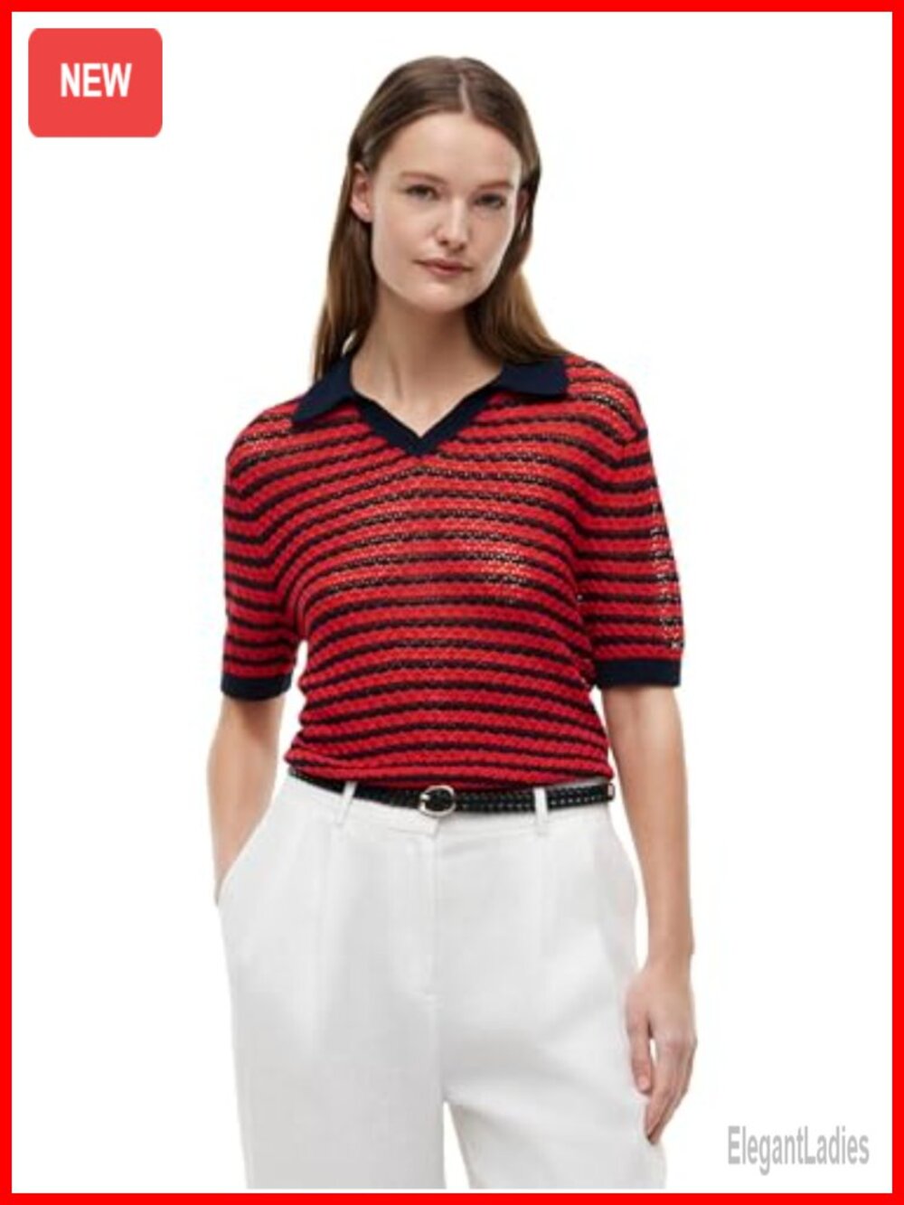 Tommy Hilfiger Women's Cotton Knit Polo Shirt Pointelle V-Neck Short Sleeve